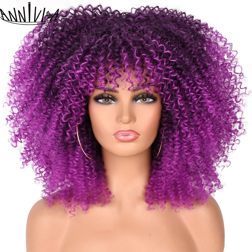 Synthetic Kinky Curly Wigs With Bangs - Various Colors Available