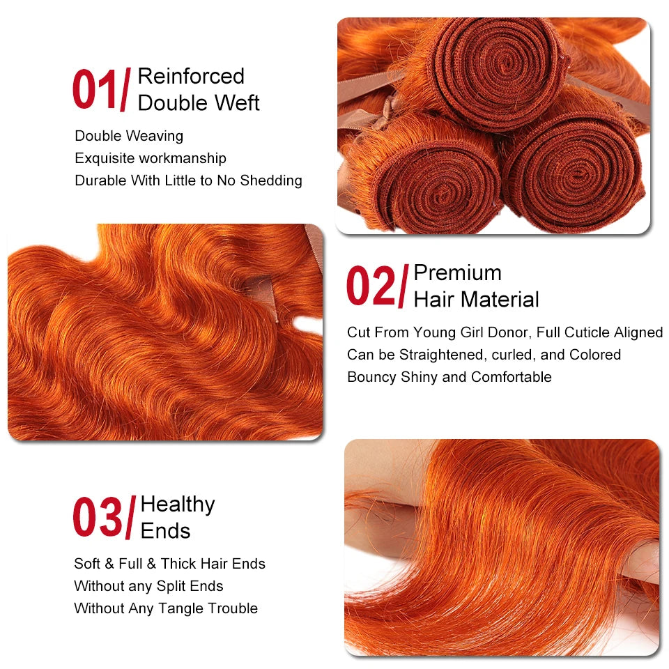 Black Pearl Ginger Orange Bundles With Closure - Brazilian Body Wave Human Hair