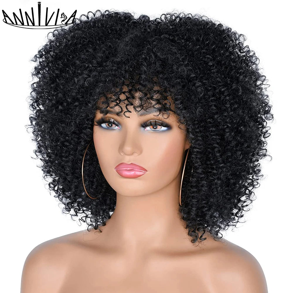Short Kinky Curly With Bangs Synthetic Wigs - Various Colors Available