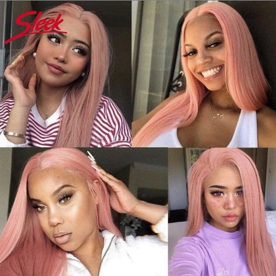 Sleek Brazilian Straight Bundles With Closure - Human Hair, Pink Color