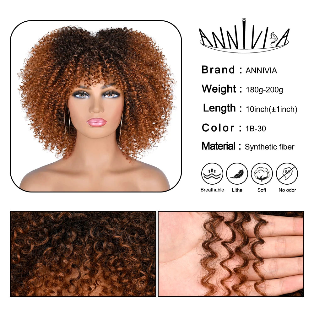 Short Kinky Curly With Bangs Synthetic Wigs - Various Colors Available