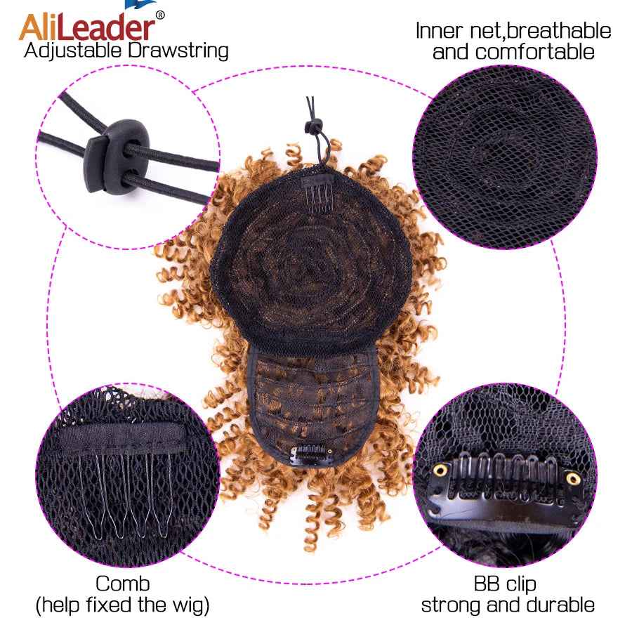 Afro Curly Adjustable Drawstring Synthetic Ponytail With Bangs