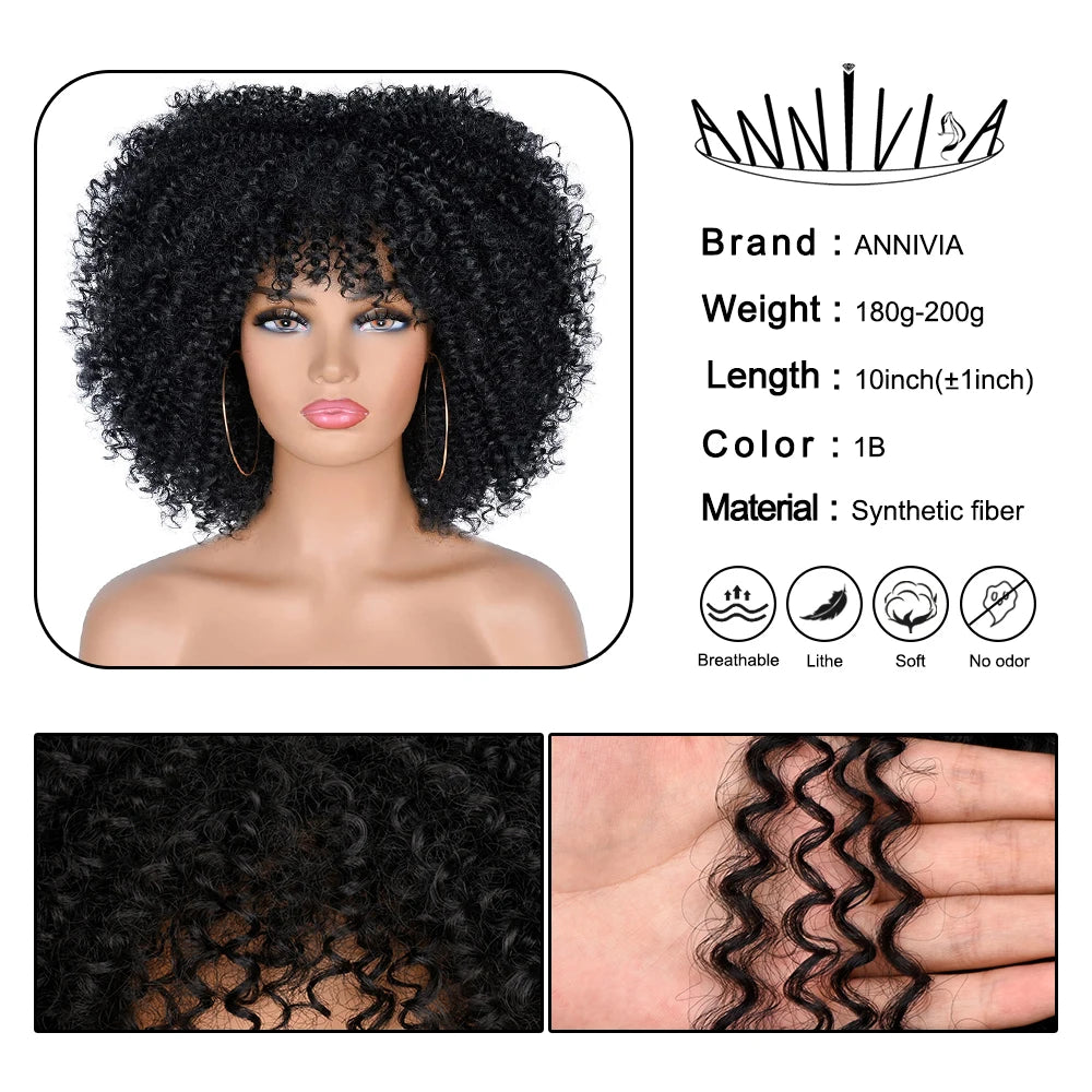 Short Kinky Curly With Bangs Synthetic Wigs - Various Colors Available
