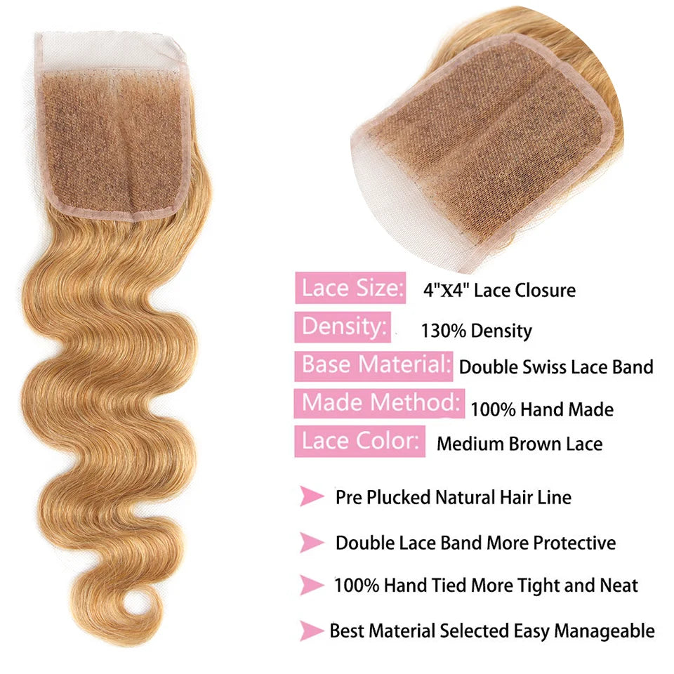 Closures with baby hair - 27# Honey Blonde 100% Human Hair - Various Options Available