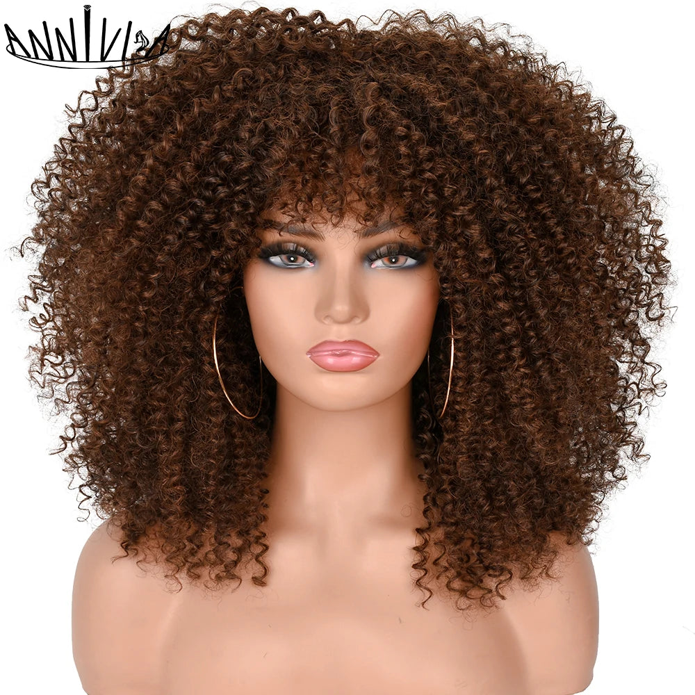 Synthetic Kinky Curly Wigs With Bangs - Various Colors Available