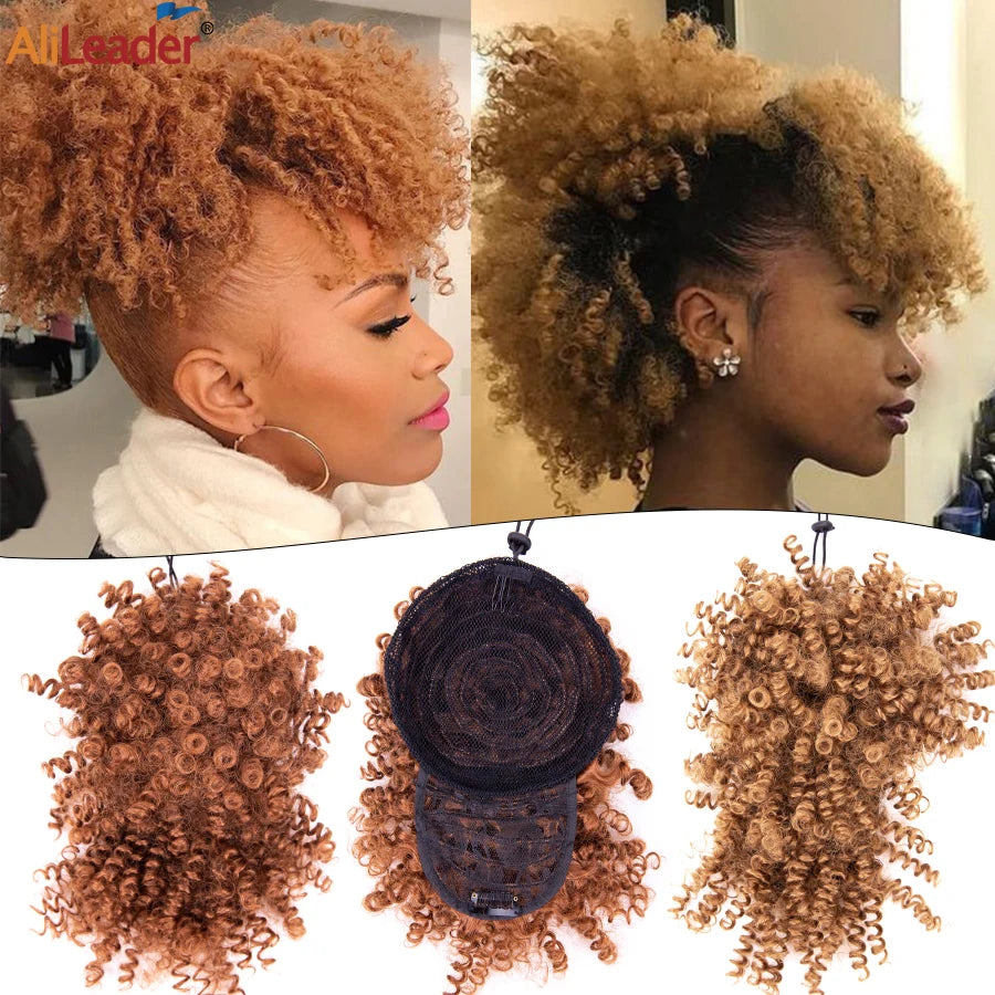 Afro Curly Adjustable Drawstring Synthetic Ponytail With Bangs