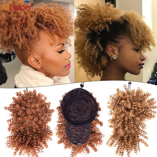 Afro Curly Adjustable Drawstring Synthetic Ponytail With Bangs
