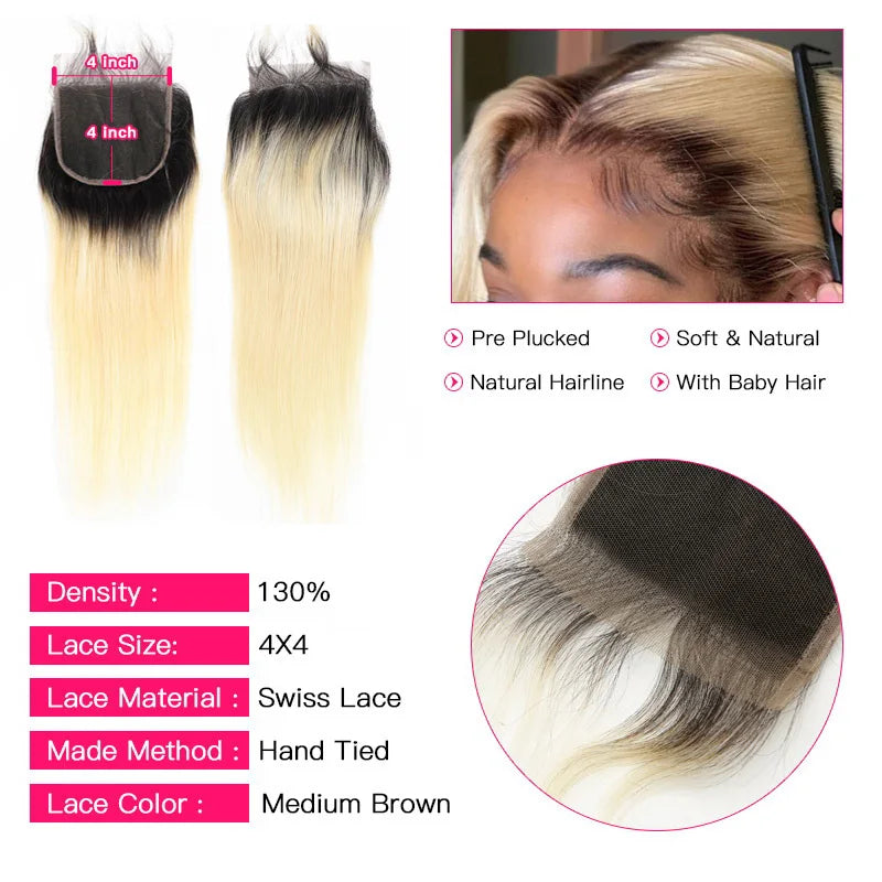 Straight Human Hair - Ombre 1B 613 Blonde Bundles with 4x4 Lace Closure