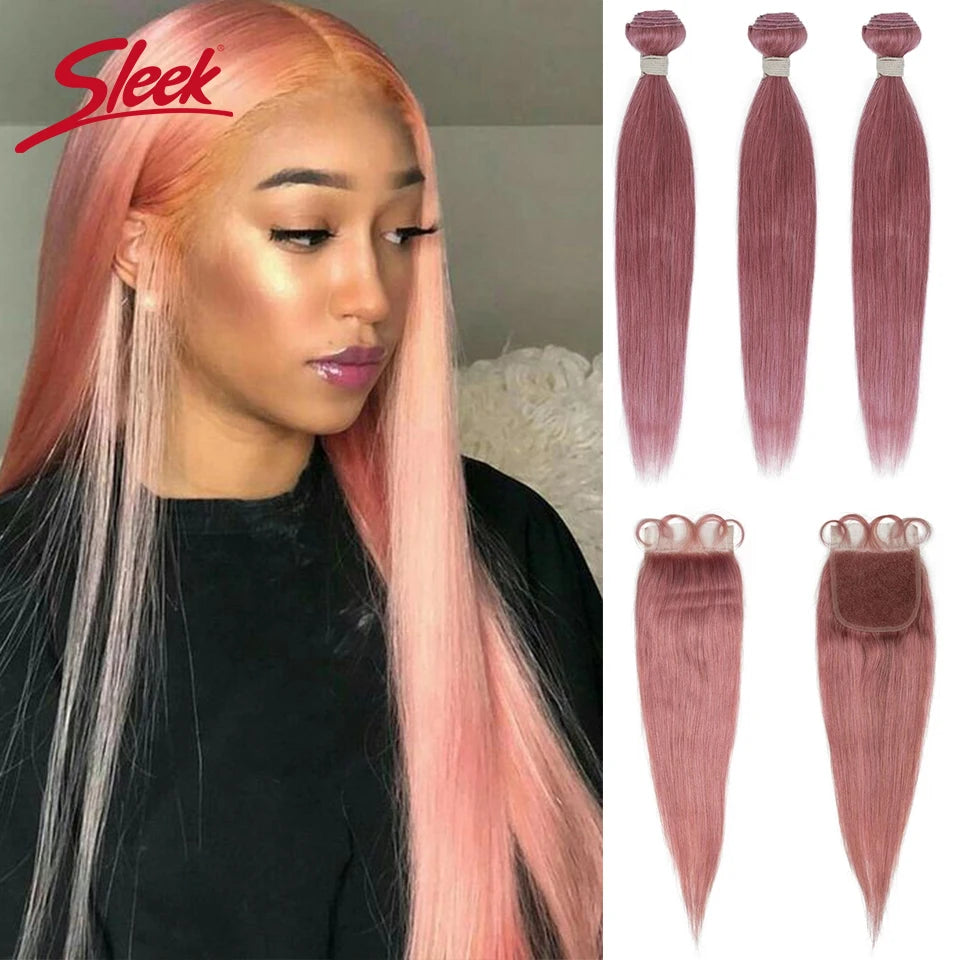 Sleek Brazilian Straight Bundles With Closure - Human Hair, Pink Color