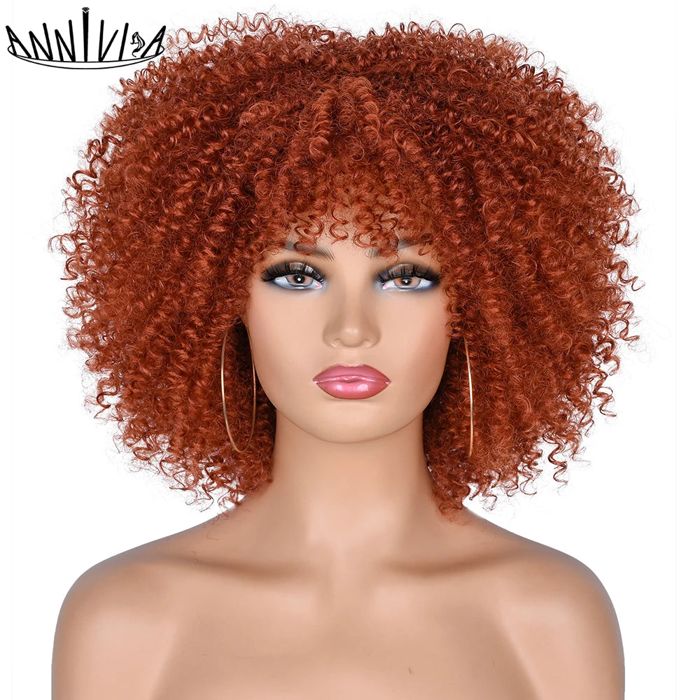 Short Kinky Curly With Bangs Synthetic Wigs - Various Colors Available