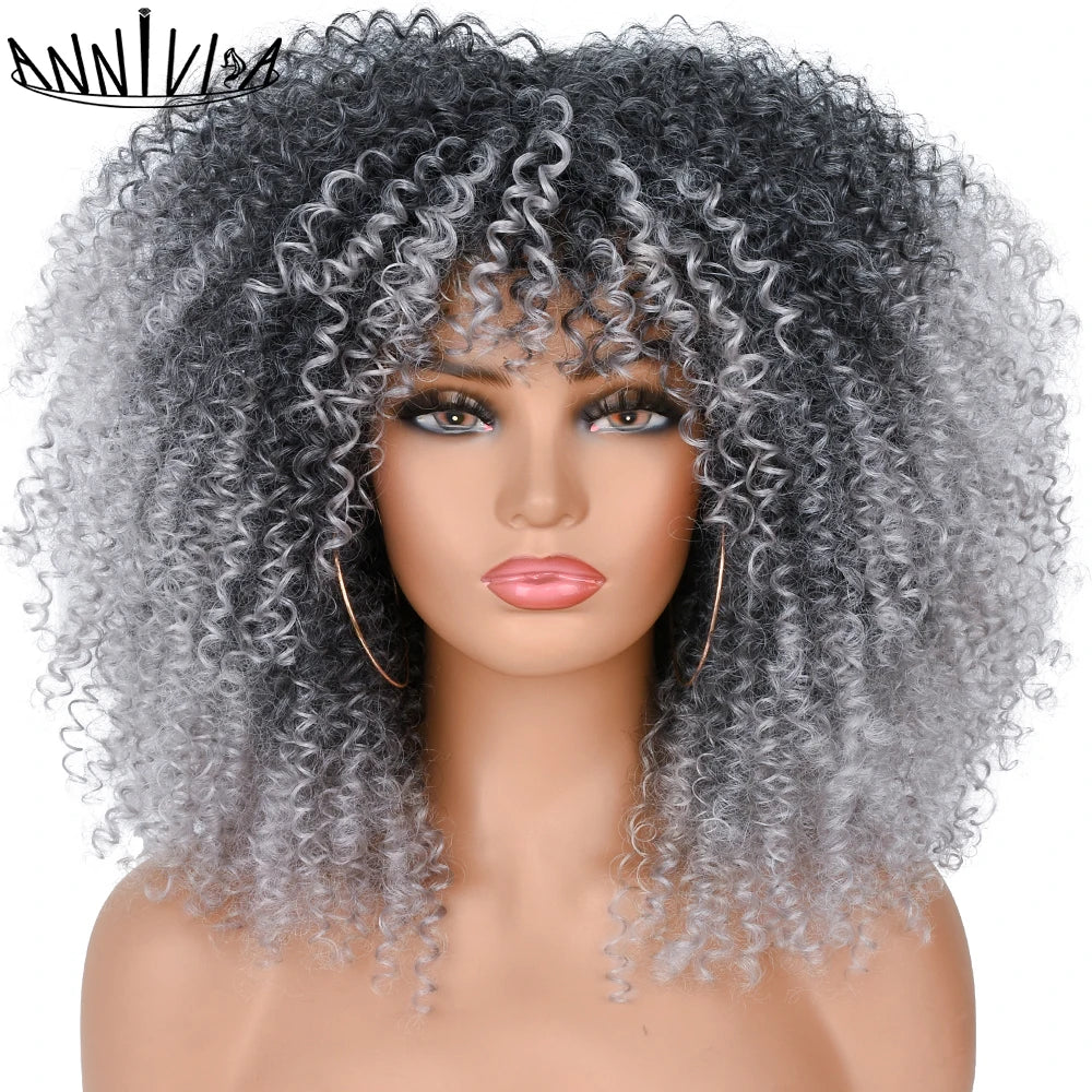 Synthetic Kinky Curly Wigs With Bangs - Various Colors Available