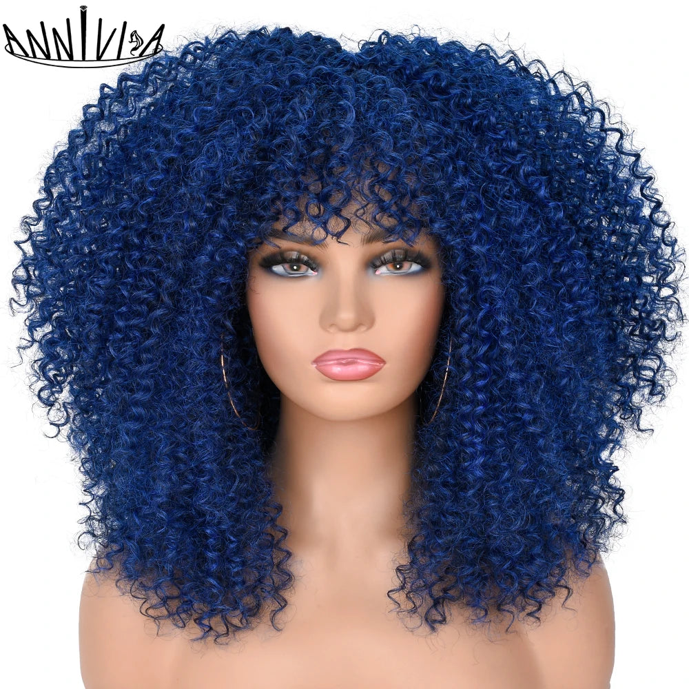 Synthetic Kinky Curly Wigs With Bangs - Various Colors Available