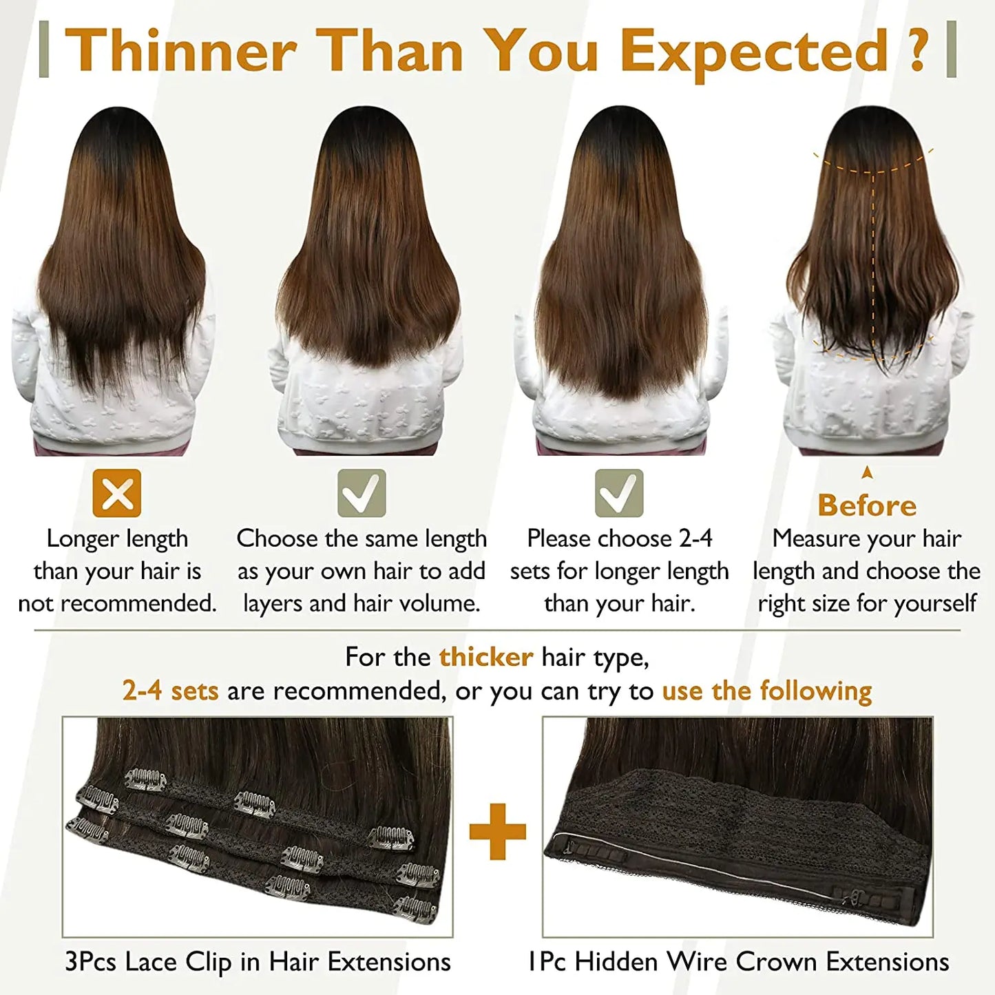 Full Shine Straight Human Hair 3pc Clip in Hair Extensions  - Various Colors Available