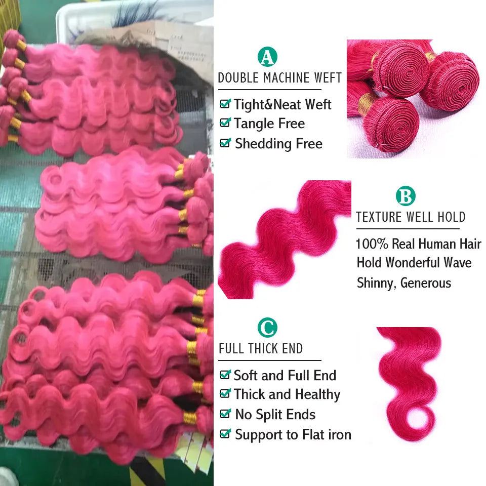 Pink 3 Bundles With Pre plucked Baby Hair Lace Closure - Human Hair