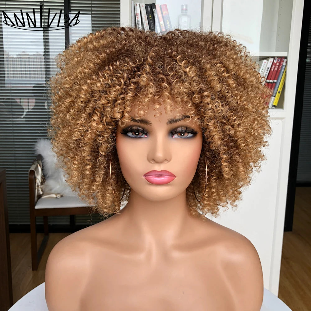 Short Kinky Curly With Bangs Synthetic Wigs - Various Colors Available