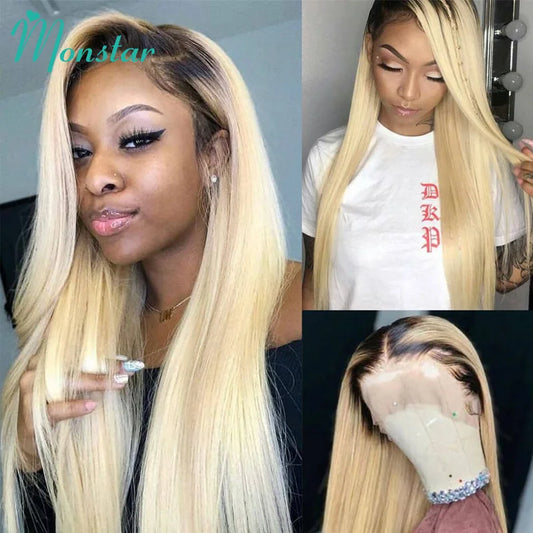Dark Root 1B 613 Ombre Blonde13 Brazilian Straight  - Full Lace Front Human Hair Wig