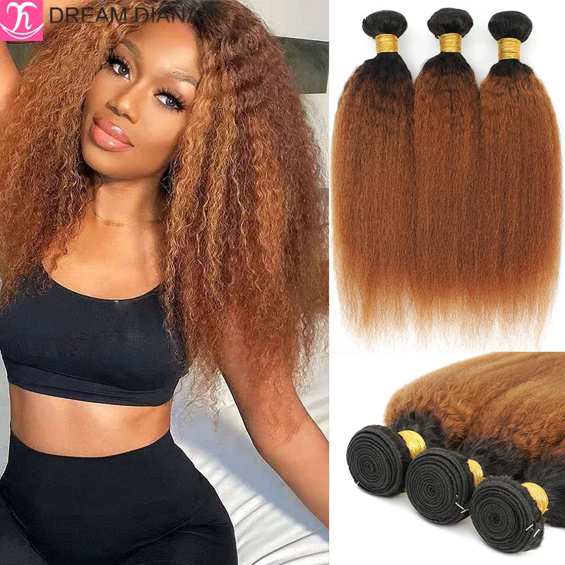Brazilian Virgin Yaki Kinky Straight Ombre Human Hair Weave Bundles