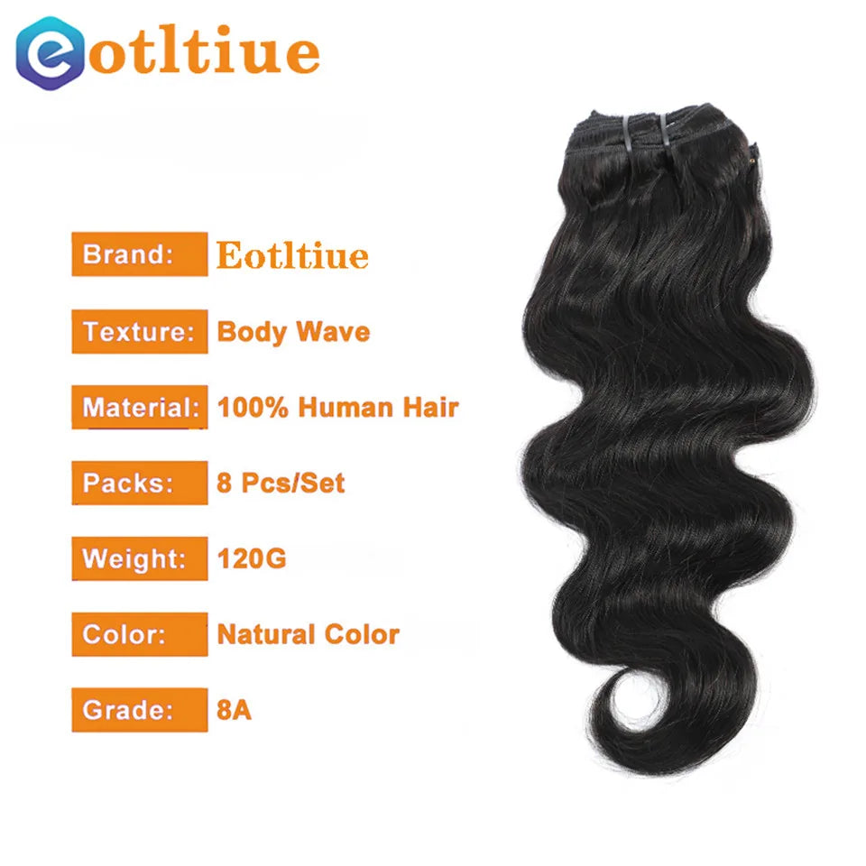 Body Wave Malaysia Natural Human Hair Clip-In Extensions 8PCs 120G