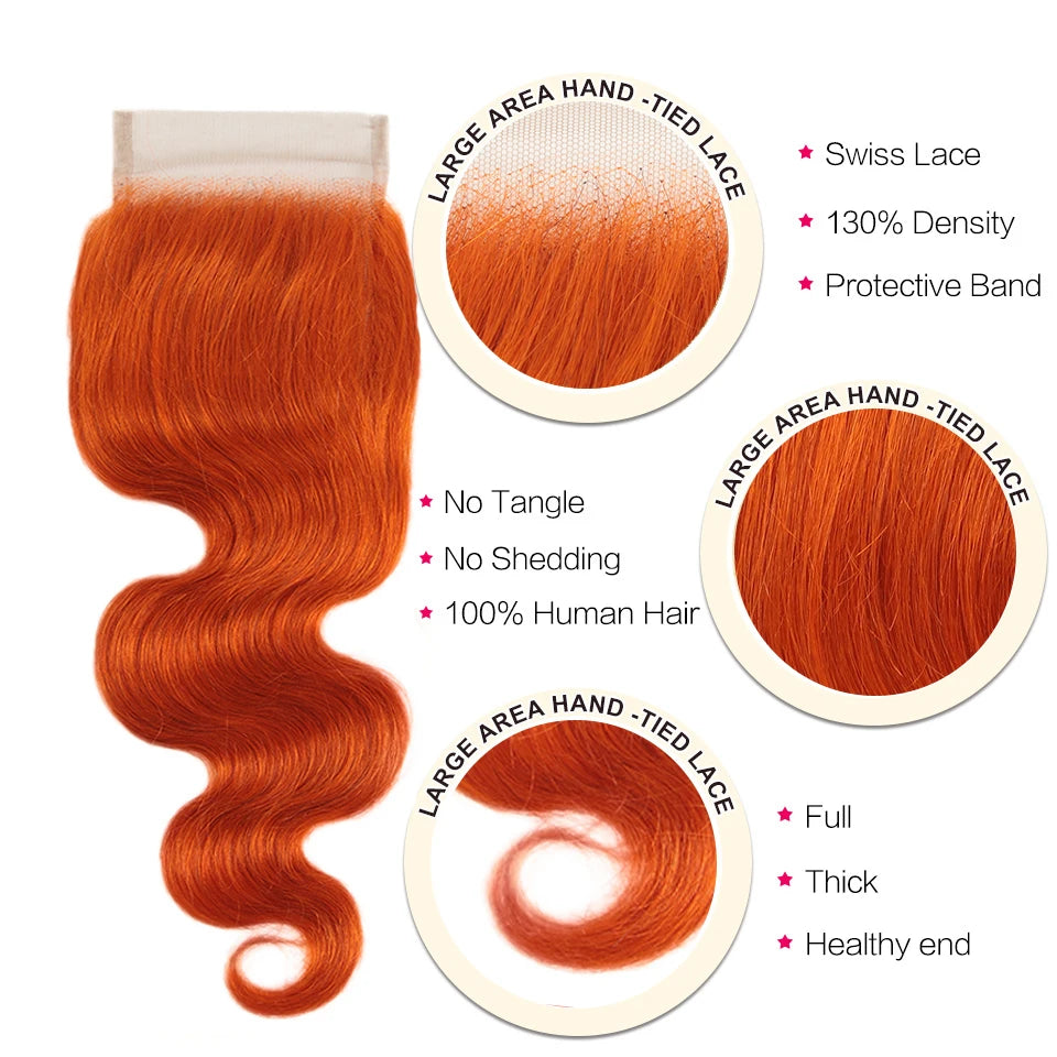Black Pearl Ginger Orange Bundles With Closure - Brazilian Body Wave Human Hair