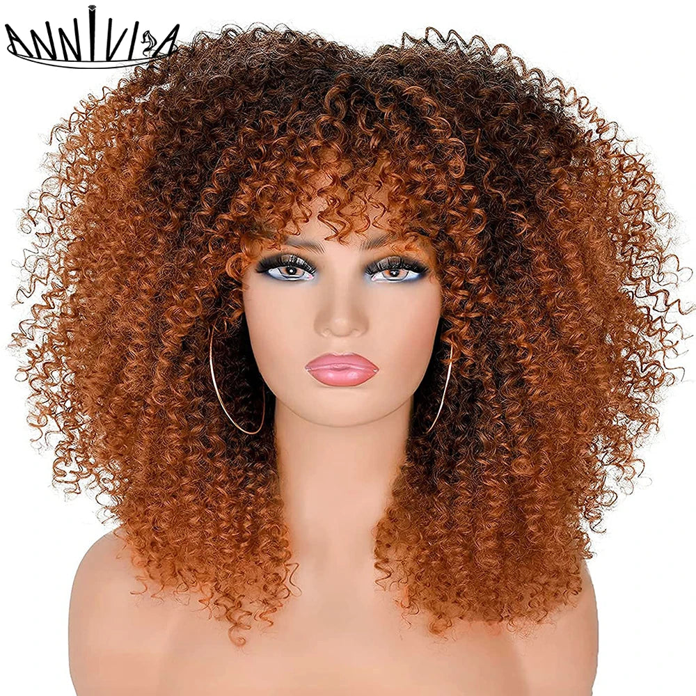 Synthetic Kinky Curly Wigs With Bangs - Various Colors Available