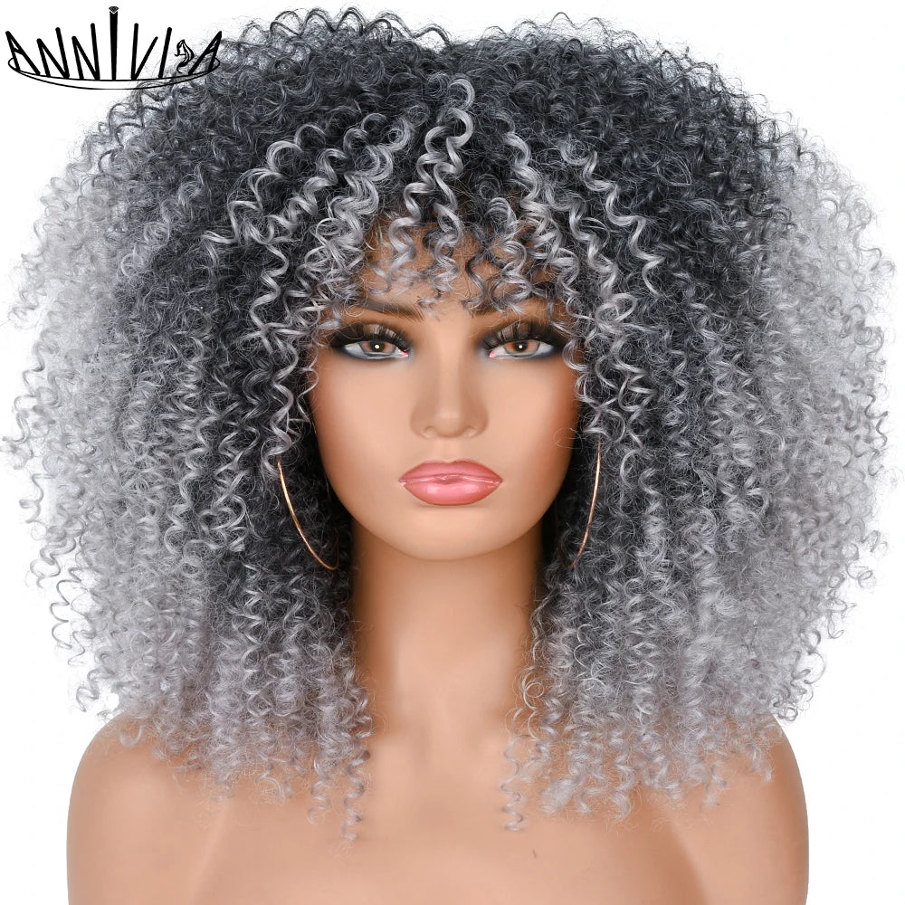 Synthetic Kinky Curly Wigs With Bangs - Various Colors Available