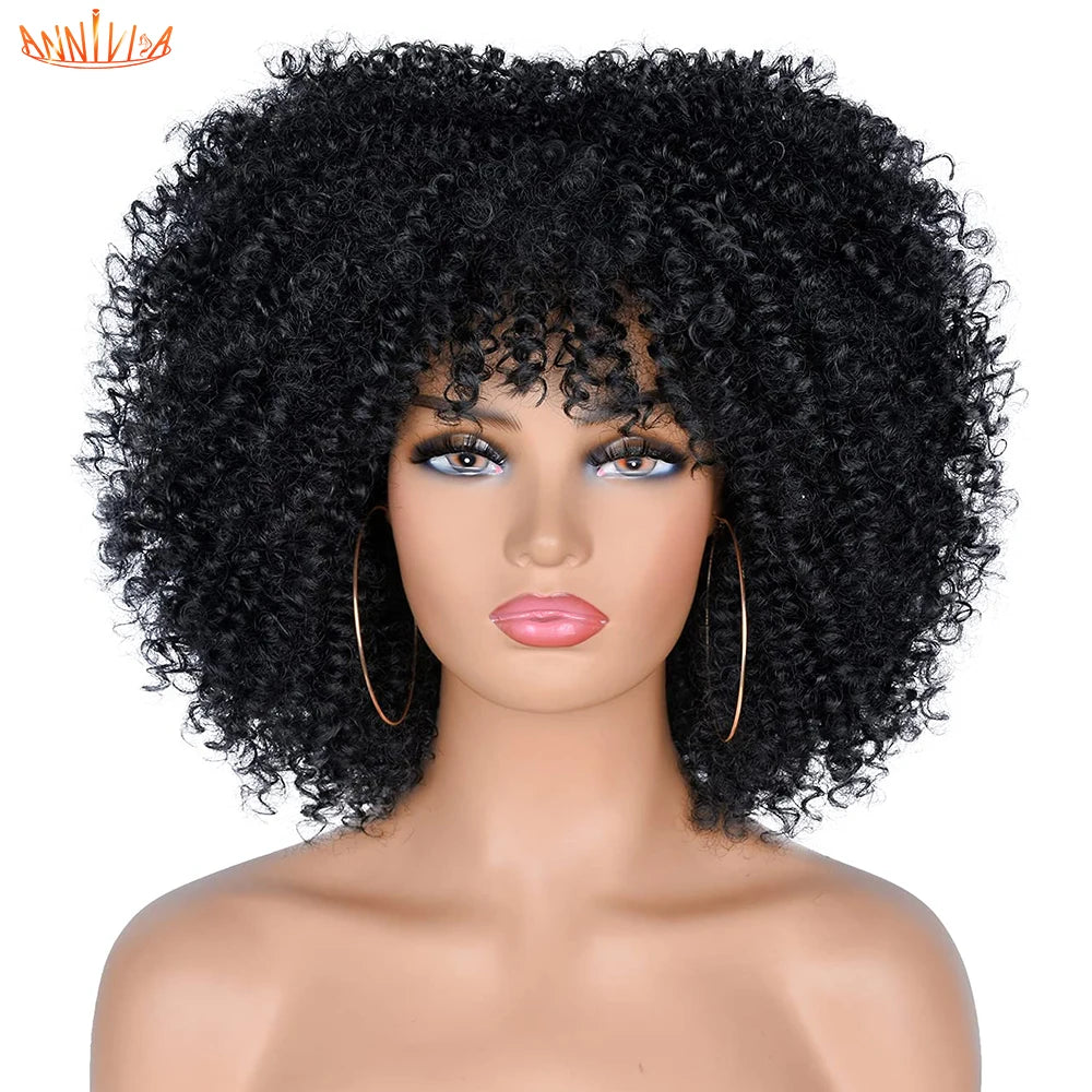 Short Kinky Curly With Bangs Synthetic Wigs - Various Colors Available