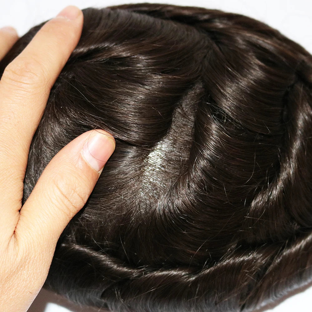 Natural Hairline Hair Replacement System (Toupee)  V-loop 0.06-0.08mm PU Base, Straight/Wavy - 1B Color Variations Available