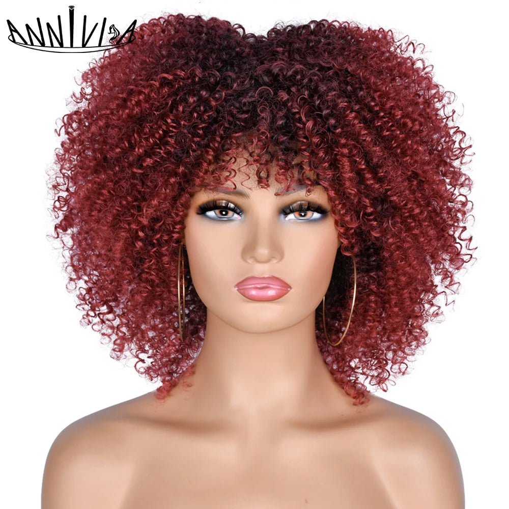 Short Kinky Curly With Bangs Synthetic Wigs - Various Colors Available