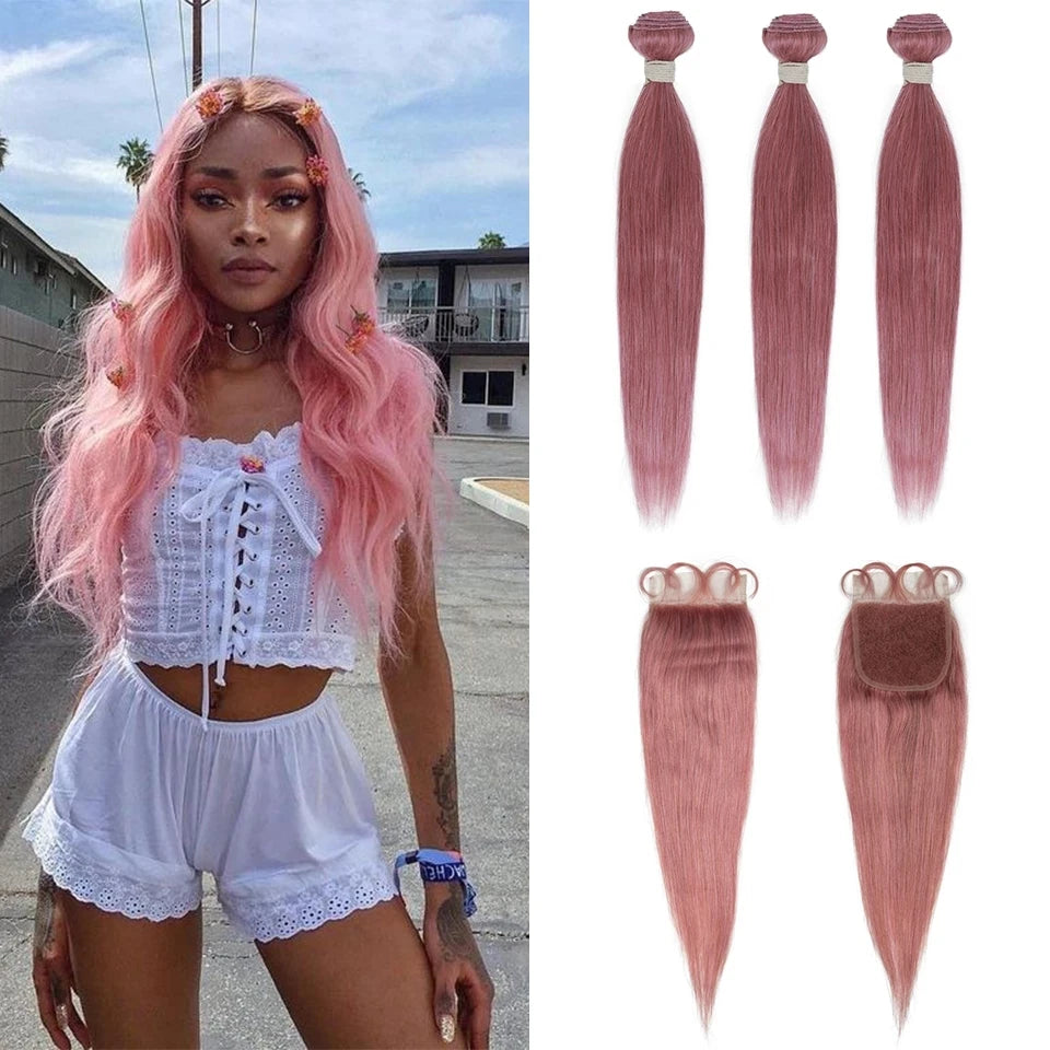 Sleek Brazilian Straight Bundles With Closure - Human Hair, Pink Color