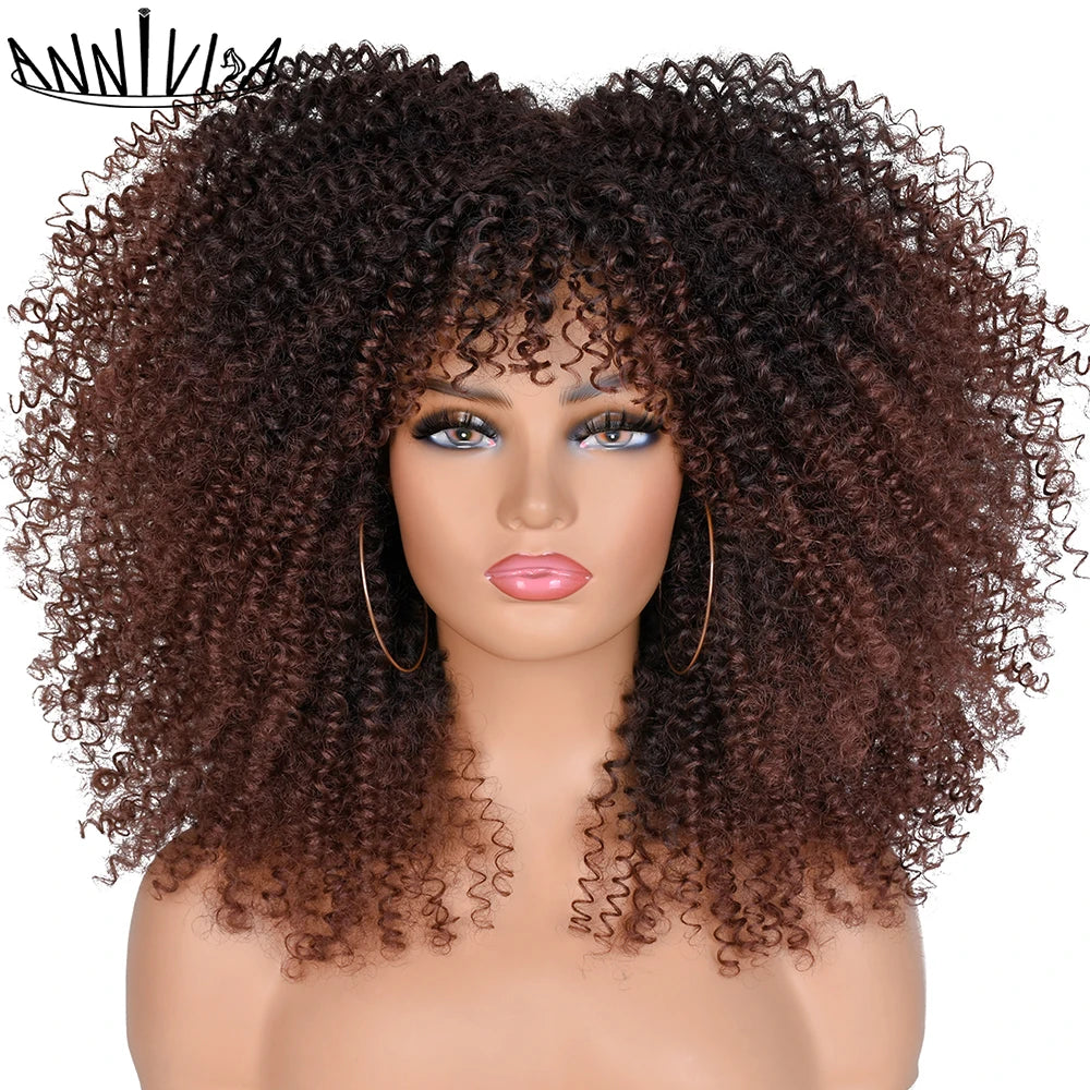 Synthetic Kinky Curly Wigs With Bangs - Various Colors Available