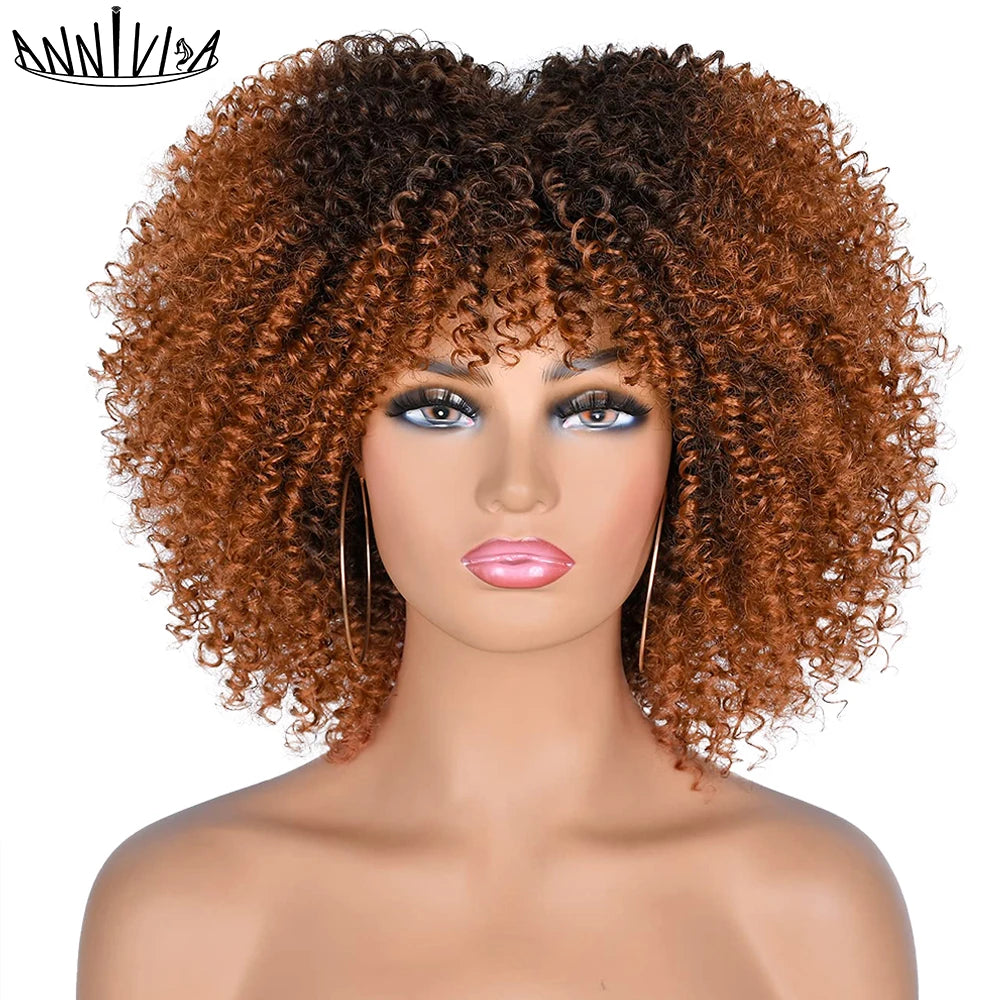 Short Kinky Curly With Bangs Synthetic Wigs - Various Colors Available