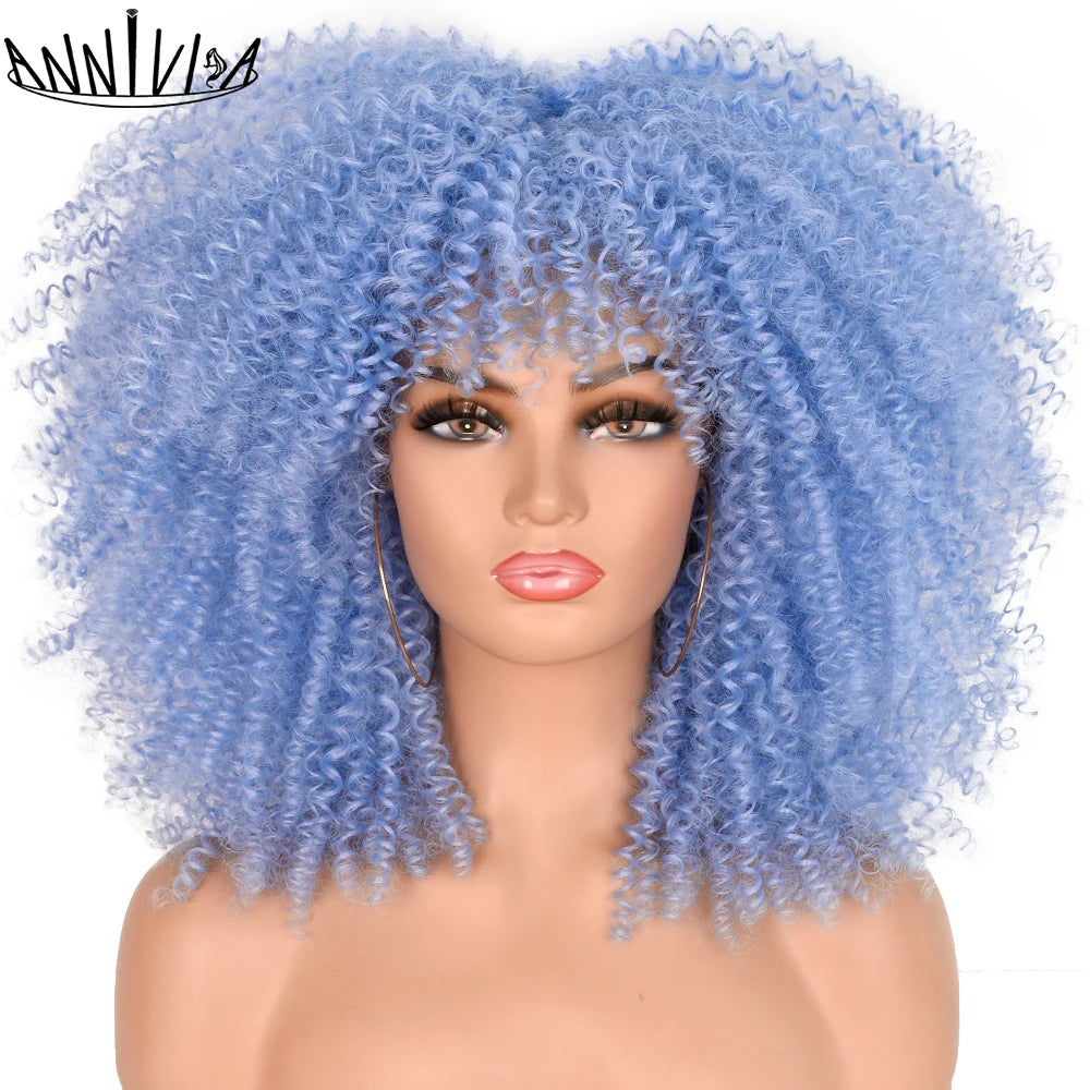 Synthetic Kinky Curly Wigs With Bangs - Various Colors Available