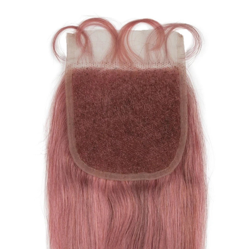 Sleek Brazilian Straight Bundles With Closure - Human Hair, Pink Color