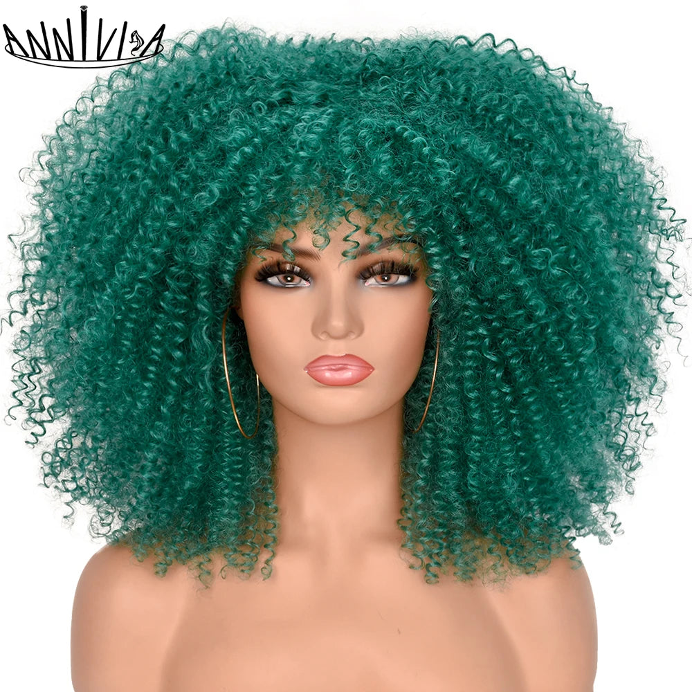 Synthetic Kinky Curly Wigs With Bangs - Various Colors Available