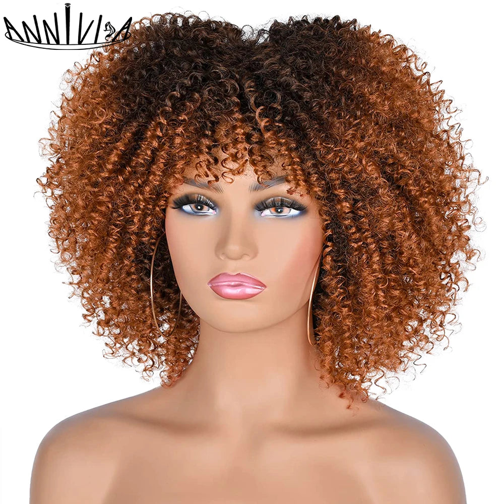Short Kinky Curly With Bangs Synthetic Wigs - Various Colors Available