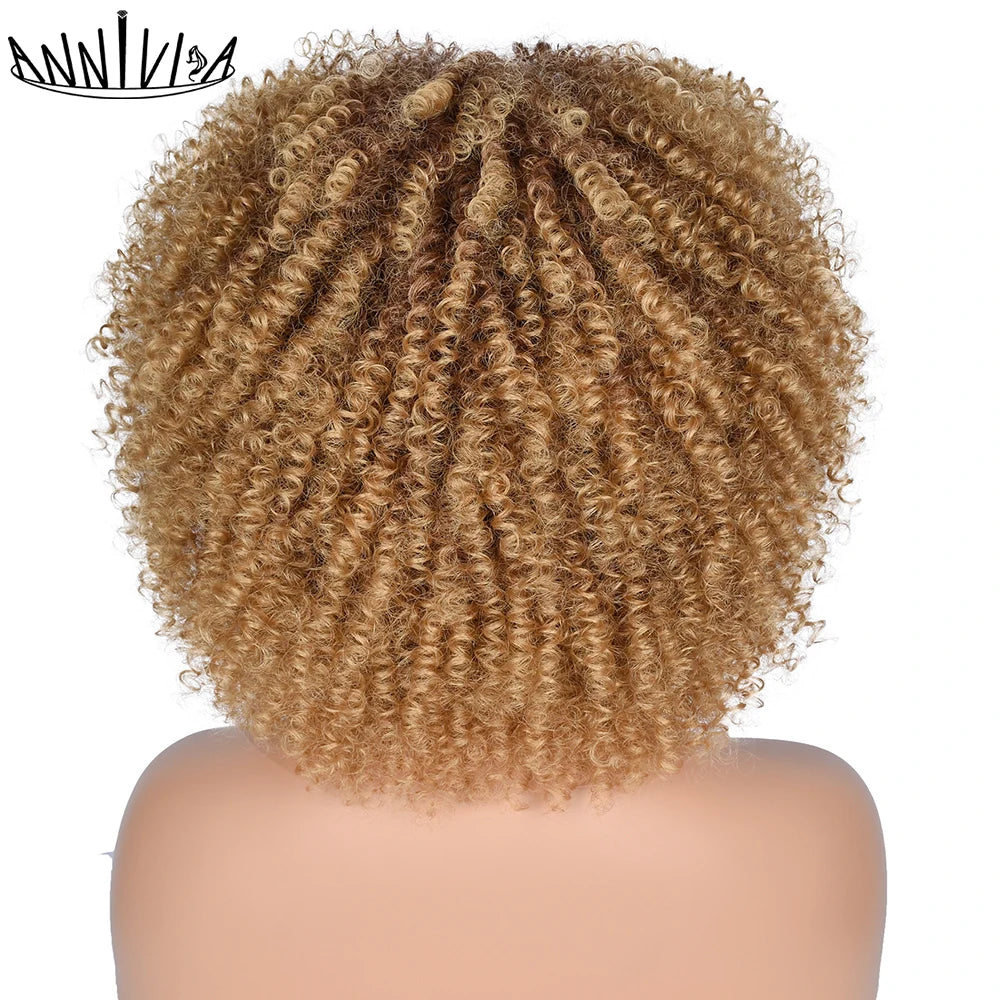 Short Kinky Curly With Bangs Synthetic Wigs - Various Colors Available