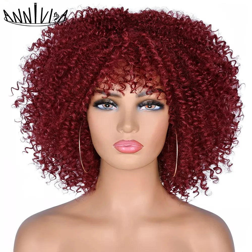 Short Kinky Curly With Bangs Synthetic Wigs - Various Colors Available