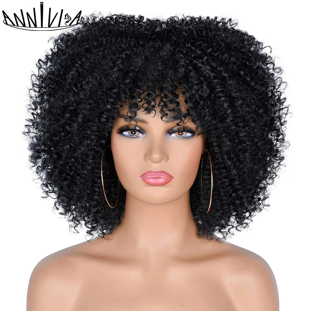 Short Kinky Curly With Bangs Synthetic Wigs - Various Colors Available