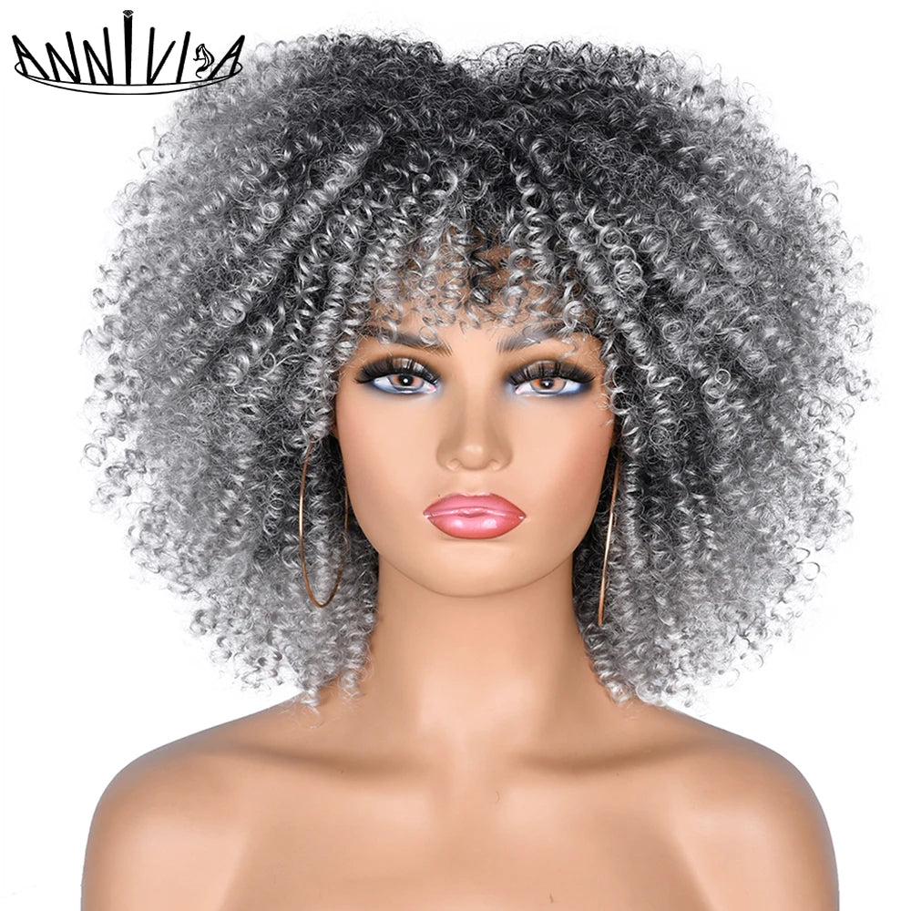 Short Kinky Curly With Bangs Synthetic Wigs - Various Colors Available