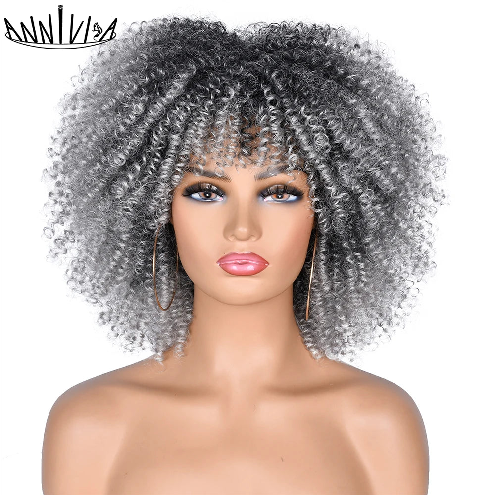 Short Kinky Curly With Bangs Synthetic Wigs - Various Colors Available