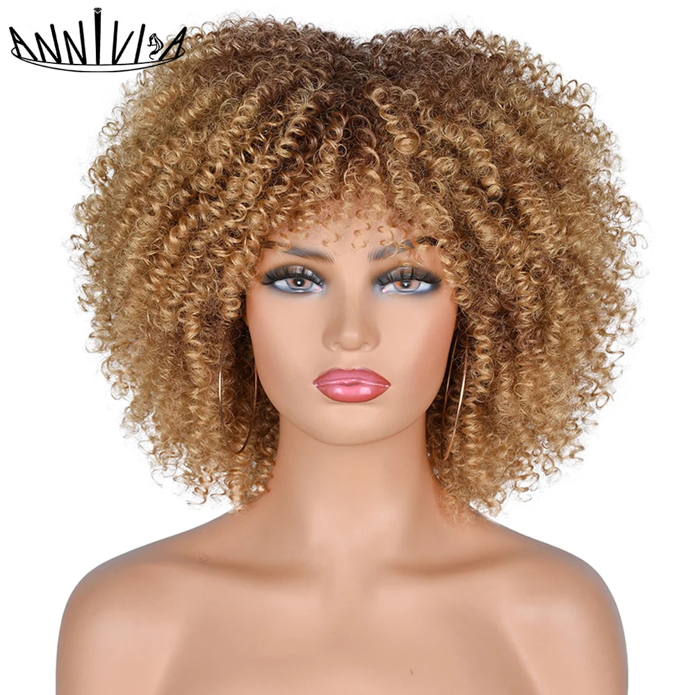 Short Kinky Curly With Bangs Synthetic Wigs - Various Colors Available