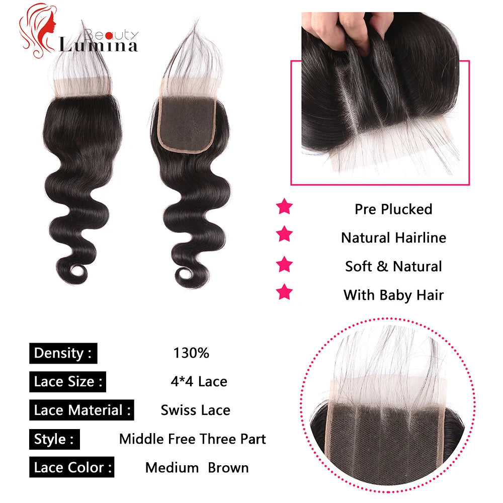 Body Wave Brazilian Remy Pre Plucked 100% Human Hair Lace Frontal or Closures