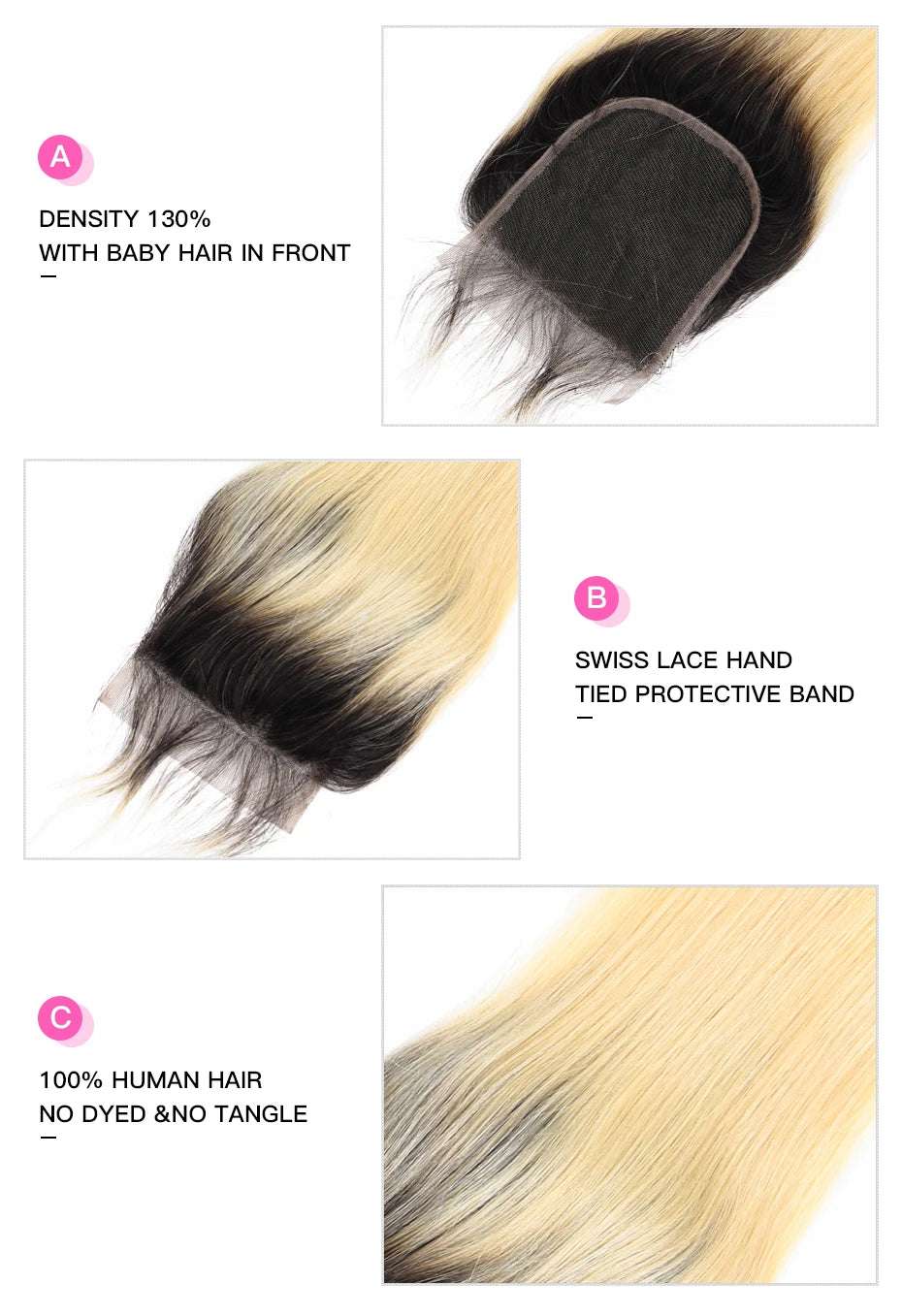 Straight Human Hair - Ombre 1B 613 Blonde Bundles with 4x4 Lace Closure