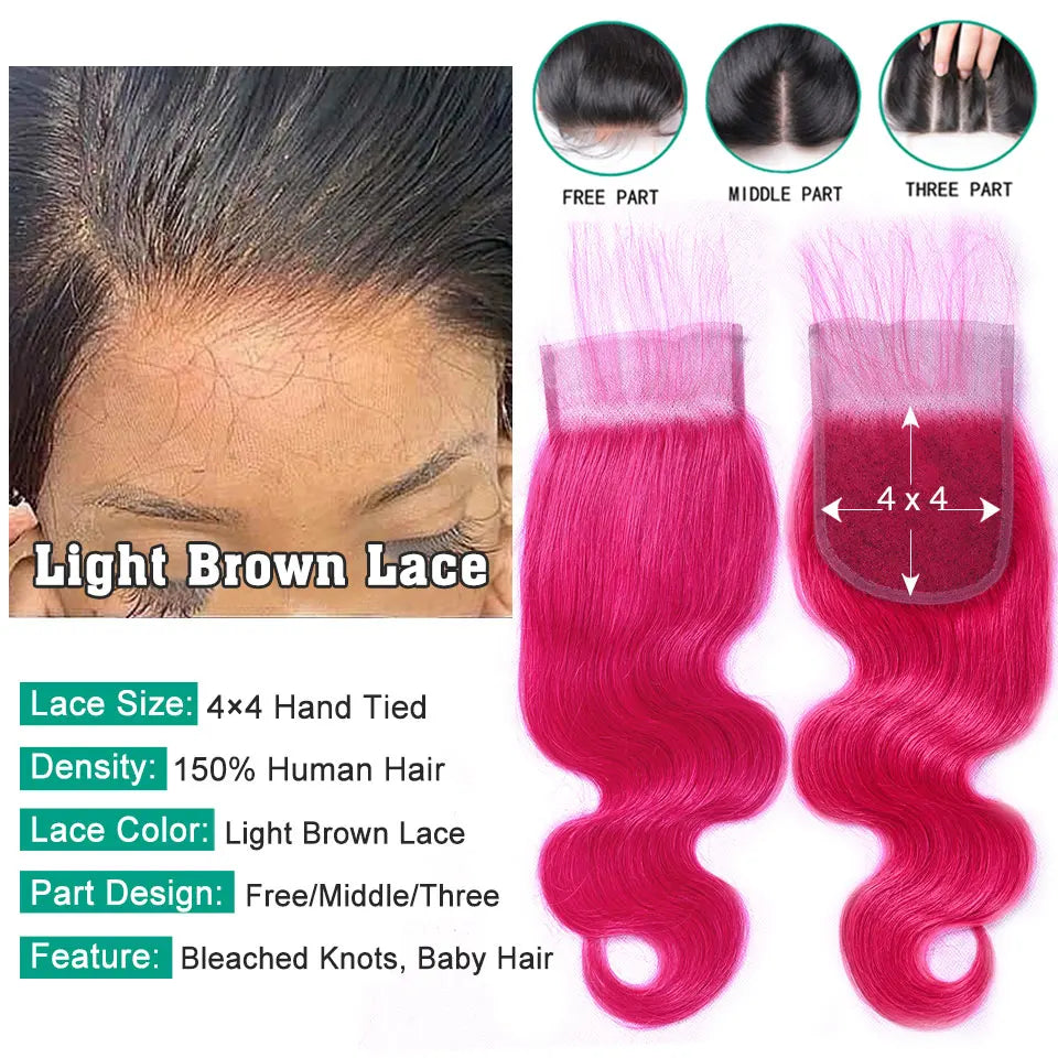 Pink 3 Bundles With Pre plucked Baby Hair Lace Closure - Human Hair