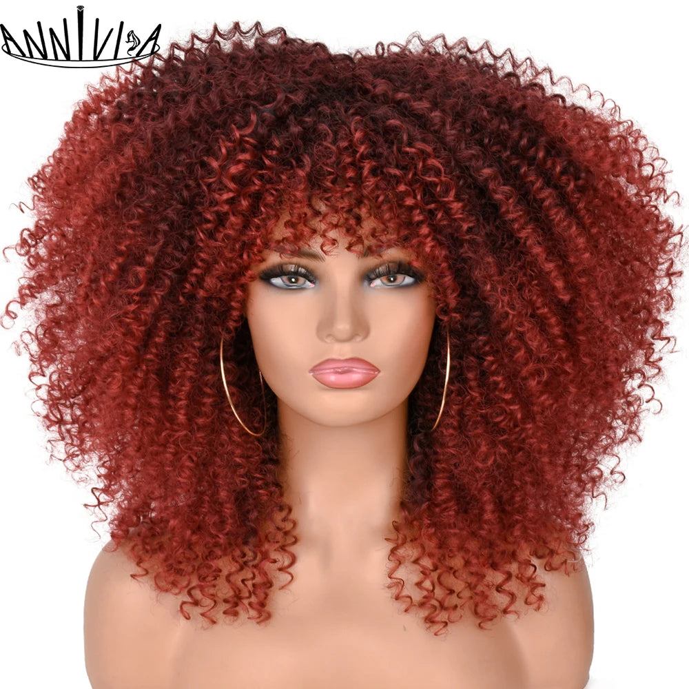 Synthetic Kinky Curly Wigs With Bangs - Various Colors Available
