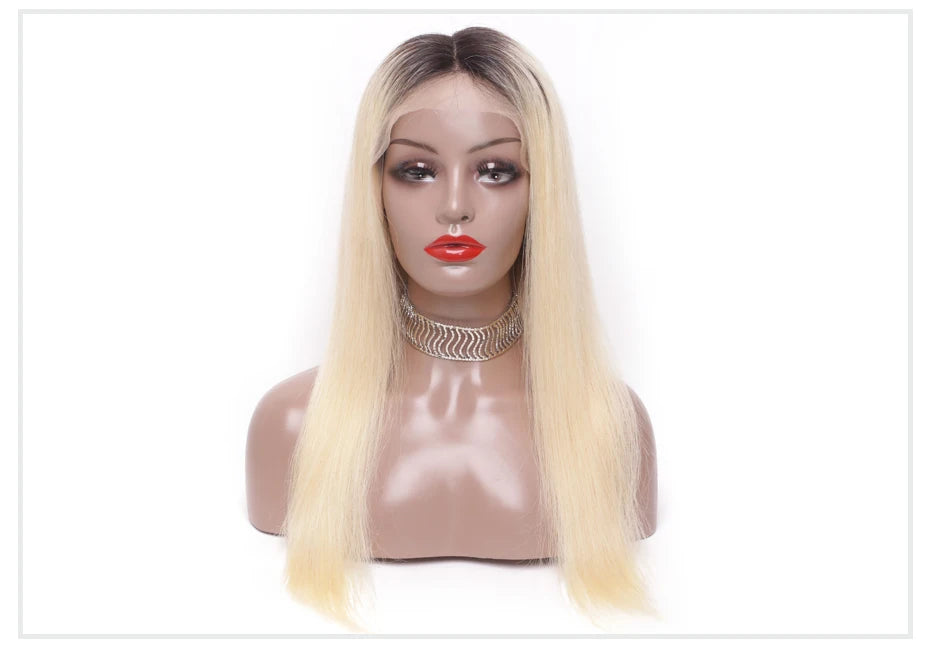 Dark Root 1B 613 Ombre Blonde13 Brazilian Straight  - Full Lace Front Human Hair Wig
