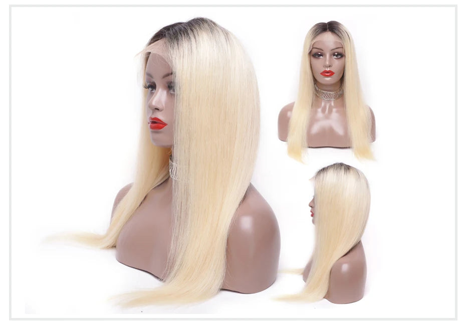 Dark Root 1B 613 Ombre Blonde13 Brazilian Straight  - Full Lace Front Human Hair Wig
