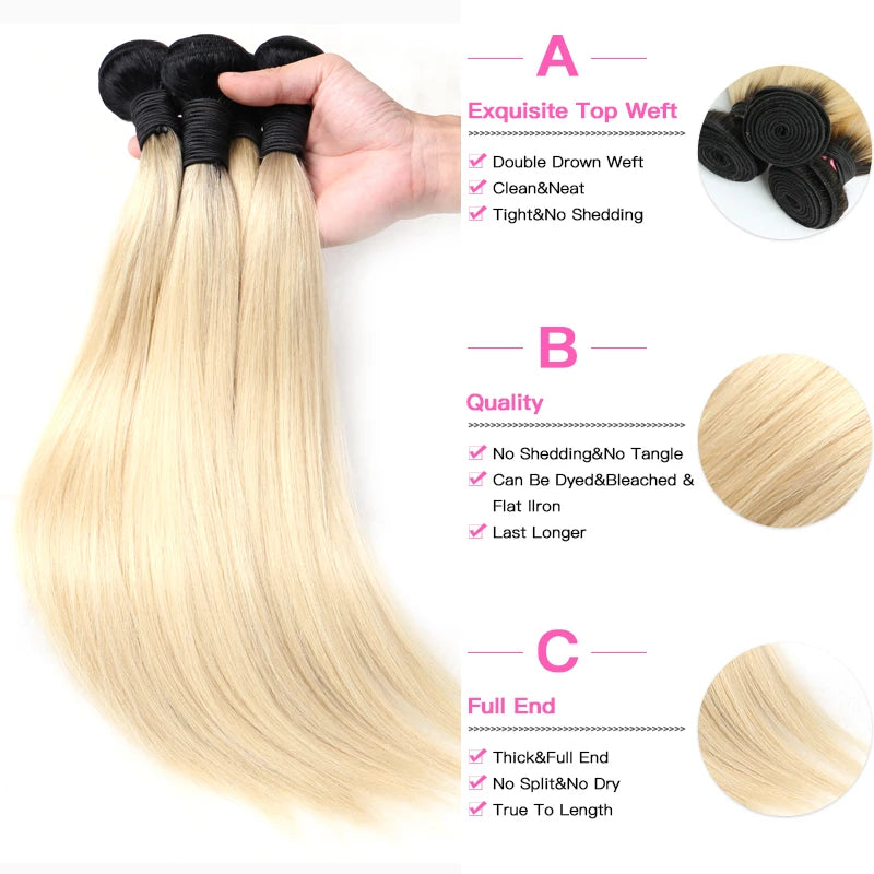 Straight Human Hair - Ombre 1B 613 Blonde Bundles with 4x4 Lace Closure