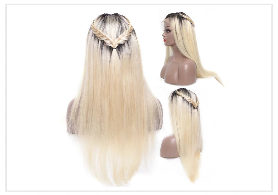 Dark Root 1B 613 Ombre Blonde13 Brazilian Straight  - Full Lace Front Human Hair Wig
