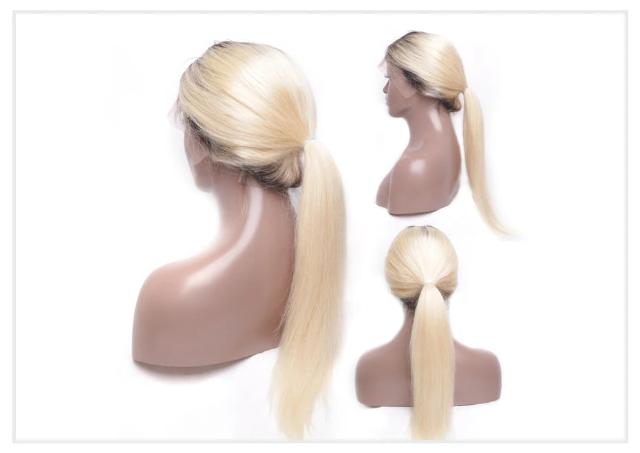 Dark Root 1B 613 Ombre Blonde13 Brazilian Straight  - Full Lace Front Human Hair Wig